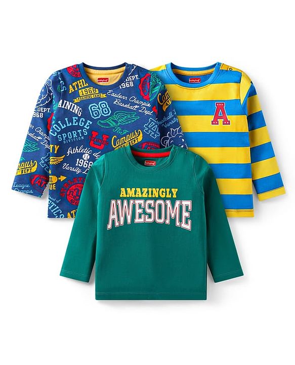 Babyhug Cotton Knit Full Sleeves T-Shirts With Text Graphics Pack of 3 - Green Blue & Yellow
