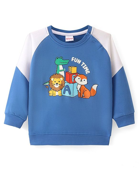 Babyhug 100% Cotton Knit Raglan Full Sleeves T-Shirt with Wild Animal Print - Blue