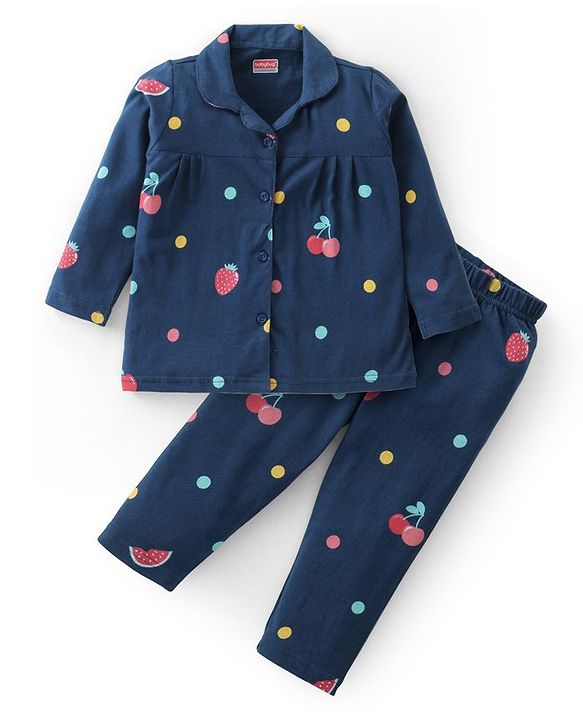 Babyhug Cotton Knit Full Sleeves Collared Night Suit With Fruits & Polka Dots Print - Navy