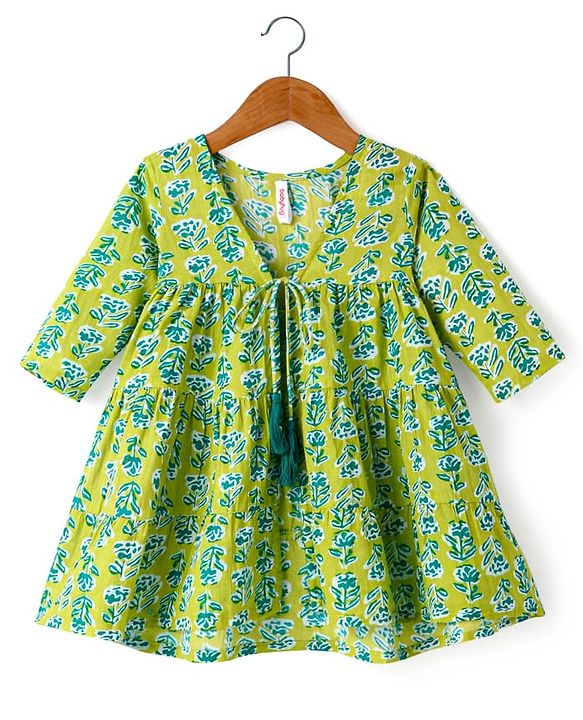 Babyhug Cotton Woven Tiered Frock with Three Fourth Sleeves Floral Printed Tie Up Shrug - Limegreen