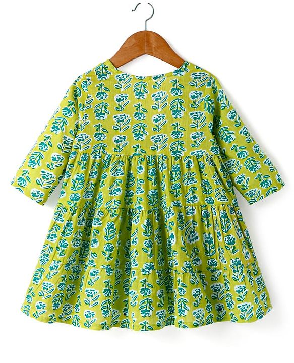 Babyhug Cotton Woven Tiered Frock with Three Fourth Sleeves Floral Printed Tie Up Shrug - Limegreen