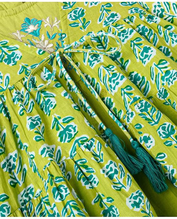 Babyhug Cotton Woven Tiered Frock with Three Fourth Sleeves Floral Printed Tie Up Shrug - Limegreen