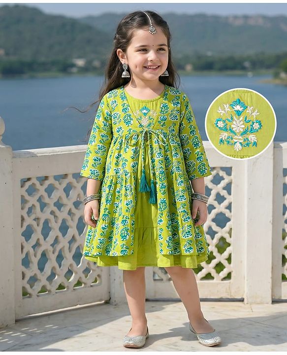 Babyhug Cotton Woven Tiered Frock with Three Fourth Sleeves Floral Printed Tie Up Shrug - Limegreen