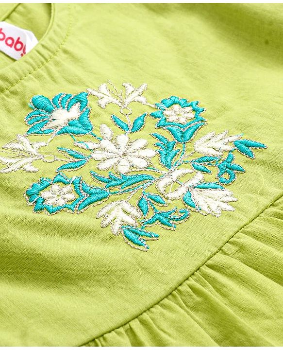 Babyhug Cotton Woven Tiered Frock with Three Fourth Sleeves Floral Printed Tie Up Shrug - Limegreen