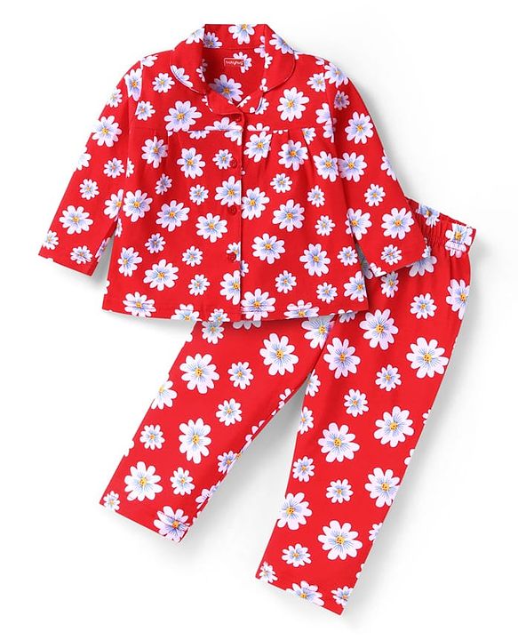 Babyhug Cotton Knit Full Sleeves Floral Printed Night Suit - Red