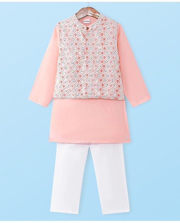 Babyhug Woven Kurta Pyjama Set With Sequin Embroidered Jacket - Coral