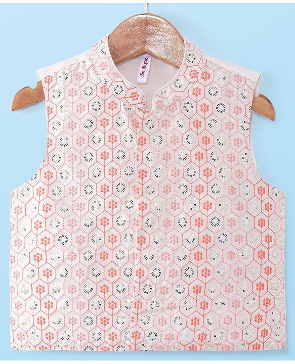 Babyhug Woven Kurta Pyjama Set With Sequin Embroidered Jacket - Coral