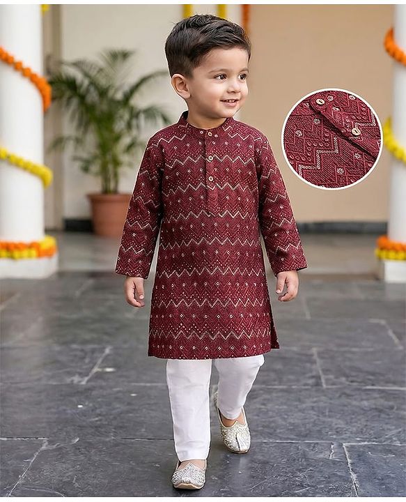 Babyhug Woven Full Sleeves Sequin Embroidered Kurta Pyjama Set - Maroon