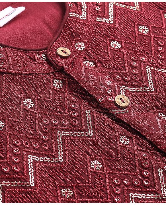 Babyhug Woven Full Sleeves Sequin Embroidered Kurta Pyjama Set - Maroon