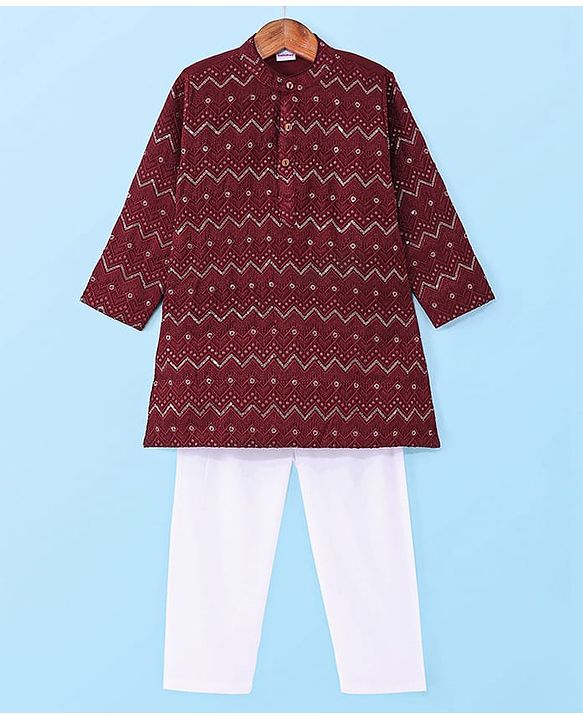 Babyhug Woven Full Sleeves Sequin Embroidered Kurta Pyjama Set - Maroon