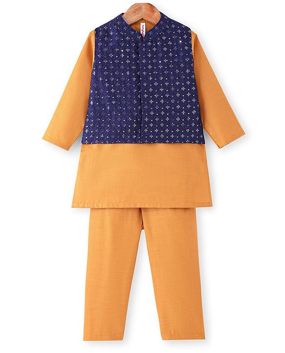 Babyhug Cotton Woven Full Sleeves Kurta & Pajama Set with Embroidered Jacket - Orange