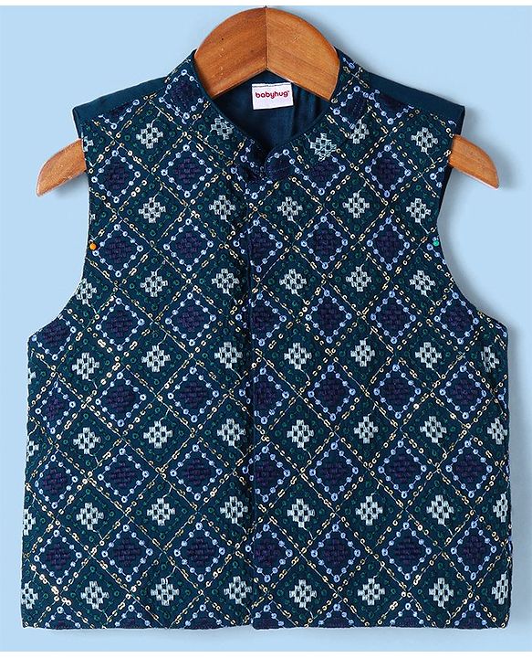 Babyhug Woven Full Sleeves Solid Colour Kurta & Pyjama Set with Embroidered  Jacket - Dark  Green