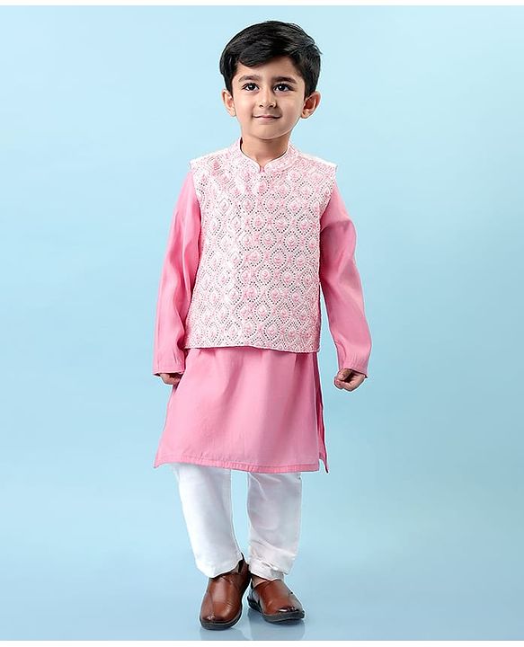 Babyhug Woven Full Sleeves Solid Kurta Pyjama Set with Sequin Embroidered Jacket - Pink