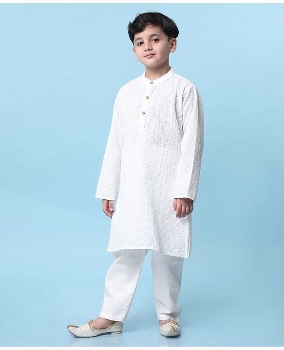 Babyhug Cotton Woven Full Sleeves Solid Embroidered Kurta Pyjama Set - White