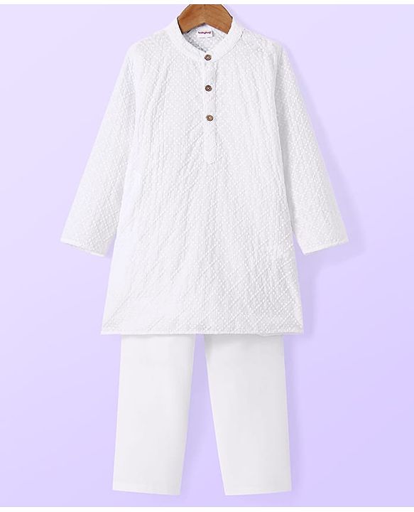 Babyhug Cotton Woven Full Sleeves Solid Embroidered Kurta Pyjama Set - White