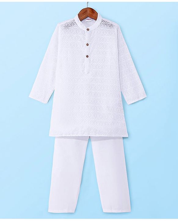 Babyhug Cotton Woven Full Sleeves Solid Embroidered Kurta Pyjama Set - White