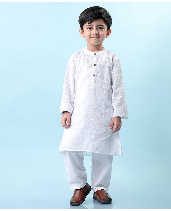 Babyhug Cotton Woven Full Sleeves Solid Embroidered Kurta Pyjama Set - White