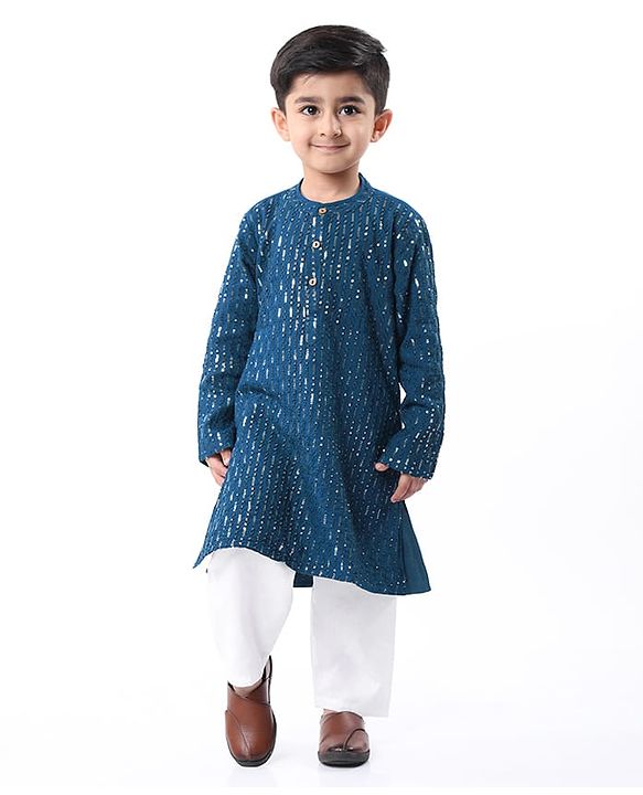 Babyhug Woven Sequin Embroidered Full Sleeves Kurta Pyjama Set - Teal