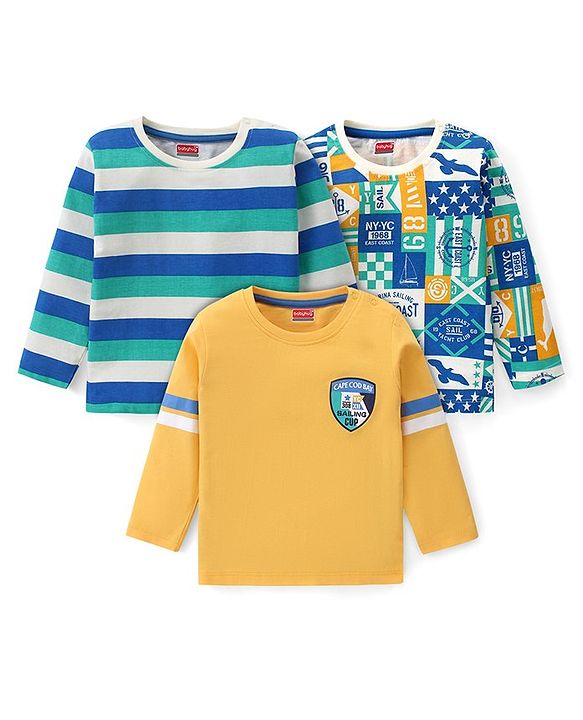 Babyhug Cotton Knit Full Sleeves T-Shirts with Striped & Text Print Pack of 3 - Yellow Green & Blue