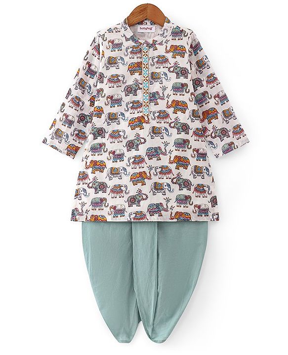 Babyhug Cotton Woven Full Sleeves Kurta Dhoti Set with Elephant Print - White