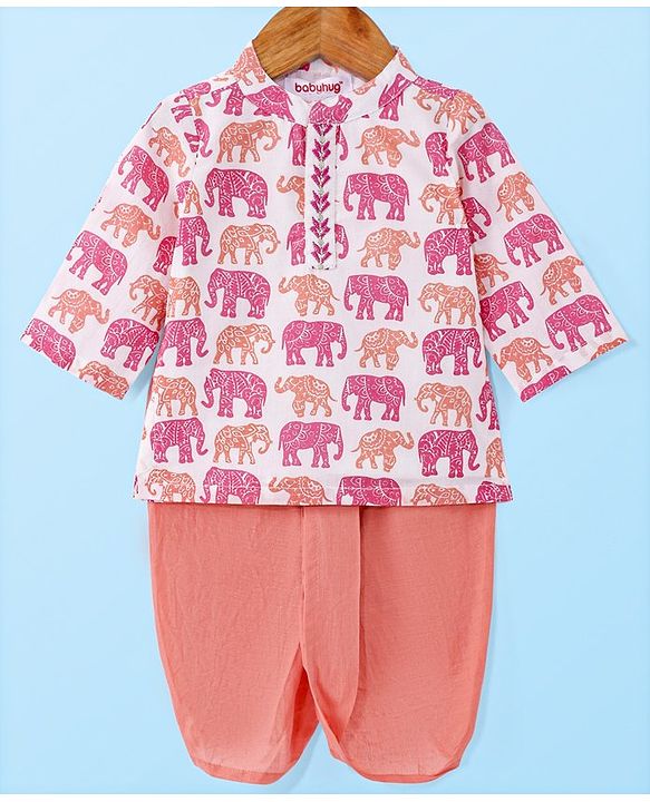 Babyhug Cotton Woven Full Sleeves  Kurta Dhoti Set  with Elephant Print - White & Pink