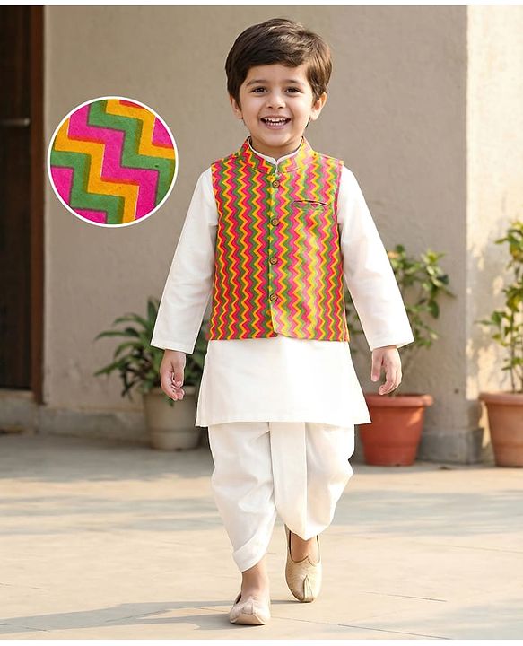 Babyhug Cotton Woven Full Sleeves Kurta Dhoti Set with Jacket & Aztec Design - White