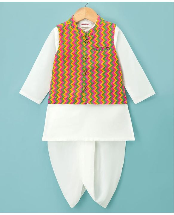 Babyhug Cotton Woven Full Sleeves Kurta Dhoti Set with Jacket & Aztec Design - White