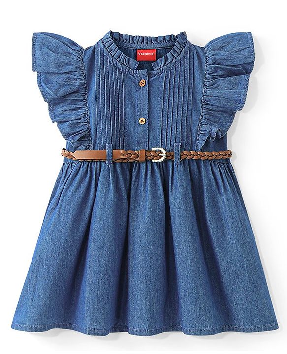 Babyhug Cotton Woven Frill Sleeves Solid Color Frock With Pintuck Detailing - Blue