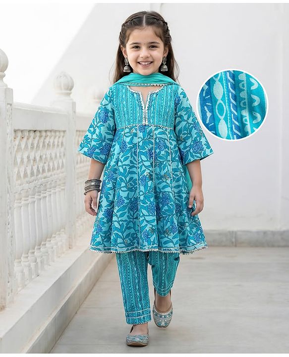 Babyhug Cotton Woven Three Fourth Sleeves Kurti Salwar Set with Dupatta & Floral Print - Aqua Blue