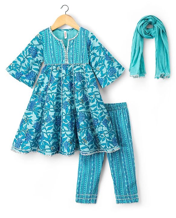 Babyhug Cotton Woven Three Fourth Sleeves Kurti Salwar Set with Dupatta & Floral Print - Aqua Blue