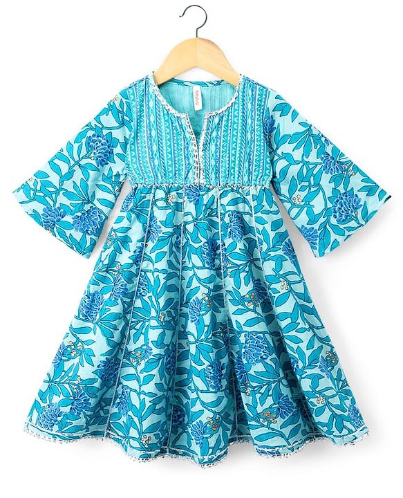 Babyhug Cotton Woven Three Fourth Sleeves Kurti Salwar Set with Dupatta & Floral Print - Aqua Blue