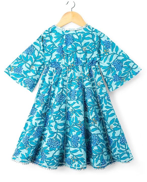 Babyhug Cotton Woven Three Fourth Sleeves Kurti Salwar Set with Dupatta & Floral Print - Aqua Blue