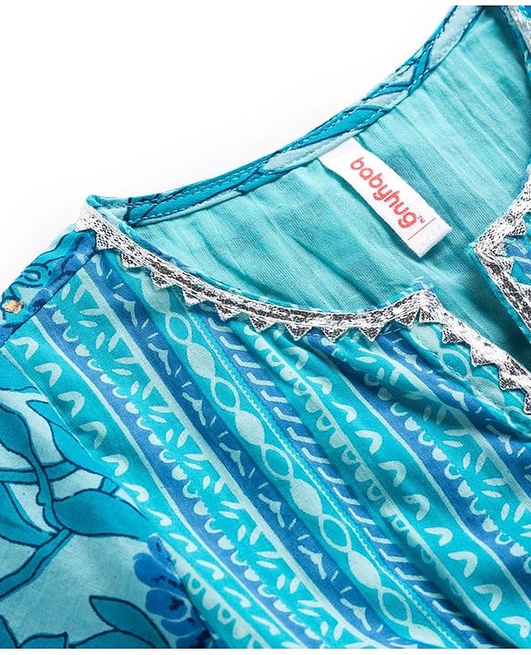 Babyhug Cotton Woven Three Fourth Sleeves Kurti Salwar Set with Dupatta & Floral Print - Aqua Blue