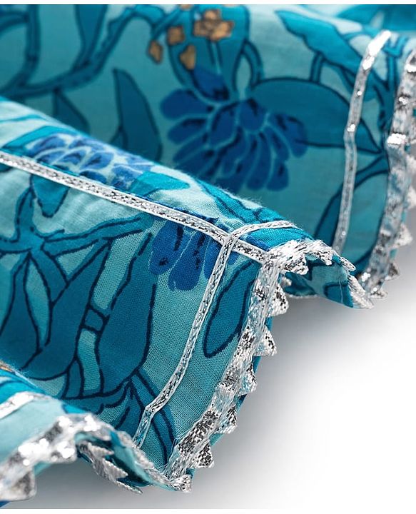 Babyhug Cotton Woven Three Fourth Sleeves Kurti Salwar Set with Dupatta & Floral Print - Aqua Blue