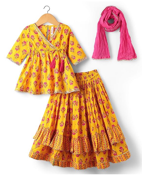 Babyhug Woven Three Fourth Sleeves Choli Lehenga Set & Dupatta With Floral Print & Lace Detailing - Yellow