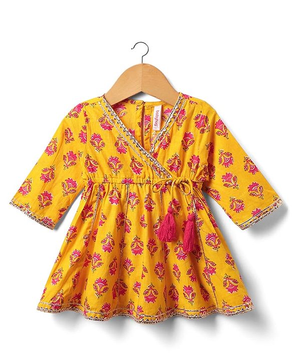 Babyhug Woven Three Fourth Sleeves Choli Lehenga Set & Dupatta With Floral Print & Lace Detailing - Yellow