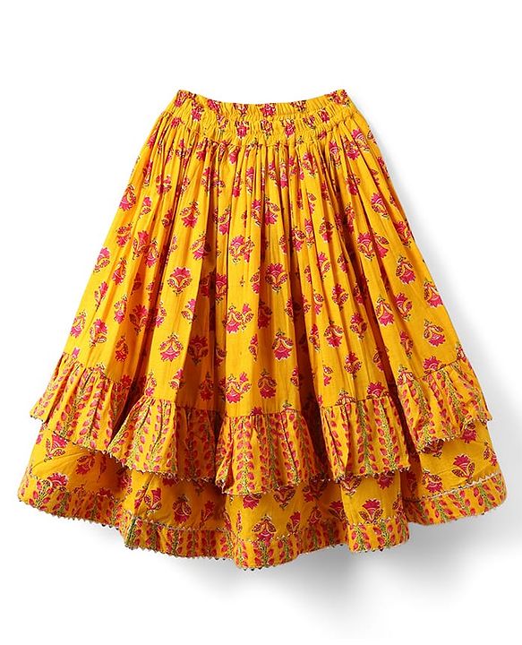 Babyhug Woven Three Fourth Sleeves Choli Lehenga Set & Dupatta With Floral Print & Lace Detailing - Yellow