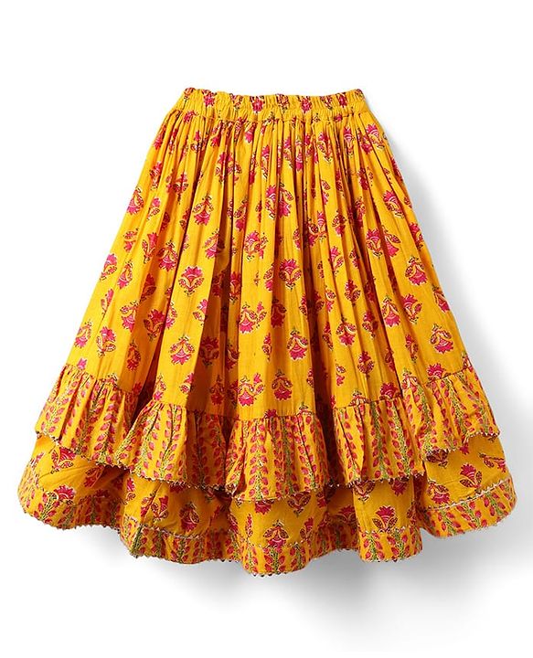 Babyhug Woven Three Fourth Sleeves Choli Lehenga Set & Dupatta With Floral Print & Lace Detailing - Yellow