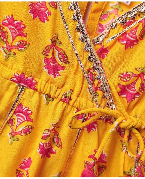 Babyhug Woven Three Fourth Sleeves Choli Lehenga Set & Dupatta With Floral Print & Lace Detailing - Yellow