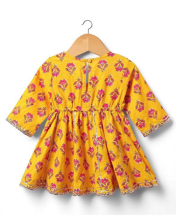 Babyhug Woven Three Fourth Sleeves Choli Lehenga Set & Dupatta With Floral Print & Lace Detailing - Yellow