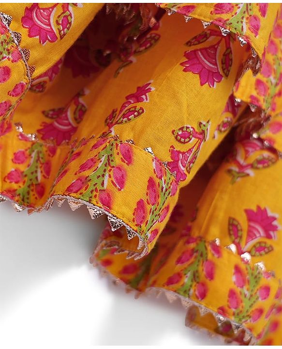 Babyhug Woven Three Fourth Sleeves Choli Lehenga Set & Dupatta With Floral Print & Lace Detailing - Yellow