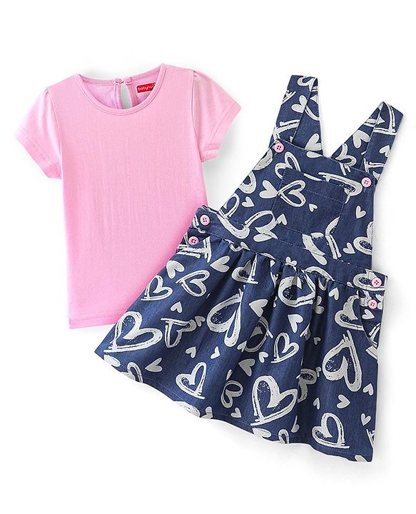 Babyhug Cotton Woven Half Sleeves T-Shirt & Frock With Heart Print - Pink & Navy Blue