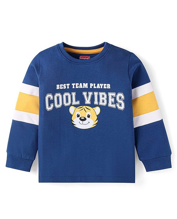 Babyhug Cotton Knit Full Sleeves Cut & Sew Design T-Shirt with Lion Graphics - Green & Navy Blue