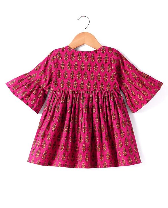 Babyhug Cotton Woven Three Fourth Bell Sleeves Floral Printed Dress - Fuschia