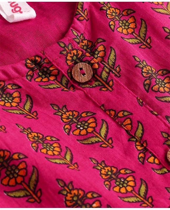 Babyhug Cotton Woven Three Fourth Bell Sleeves Floral Printed Dress - Fuschia