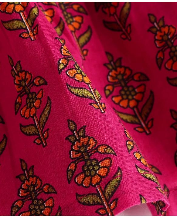 Babyhug Cotton Woven Three Fourth Bell Sleeves Floral Printed Dress - Fuschia
