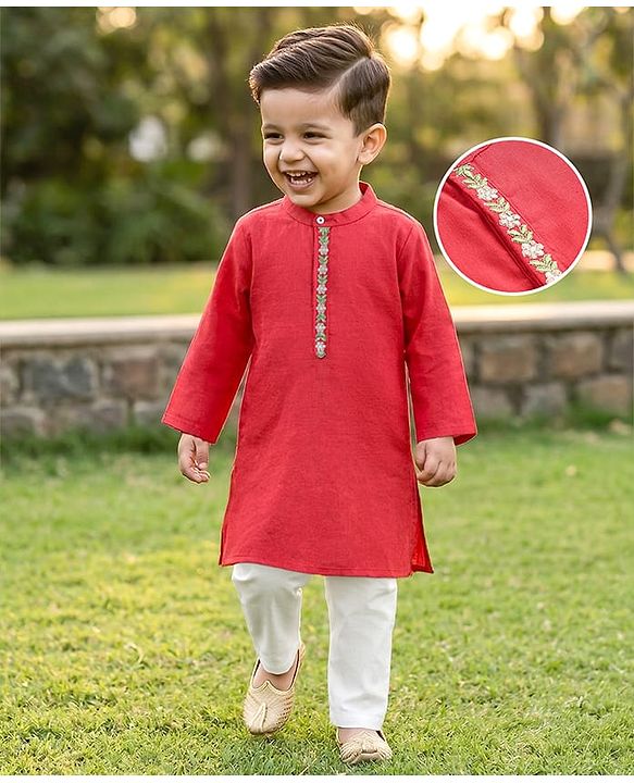 Babyhug Cambric Woven Solid Kurta Pyjama Set With Floral Embroidery - Red
