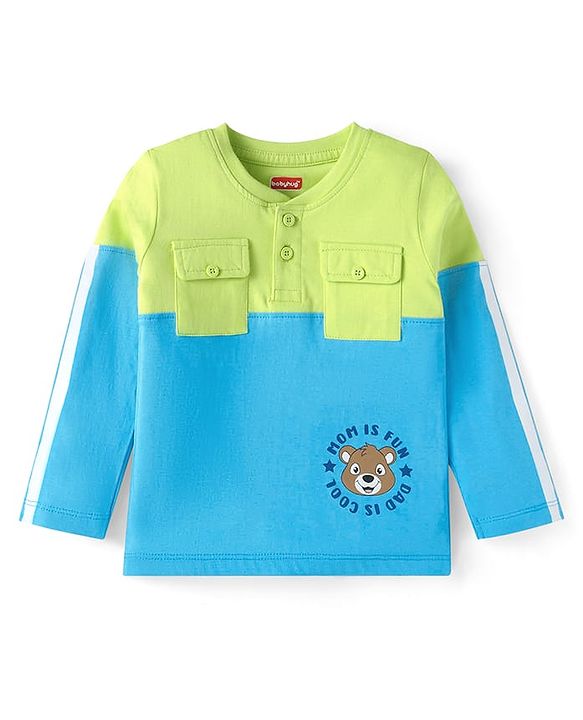 Babyhug Cotton Knit Full Sleeves Cut & Sew Design T-Shirt with Bear Graphics - Green & Light Blue