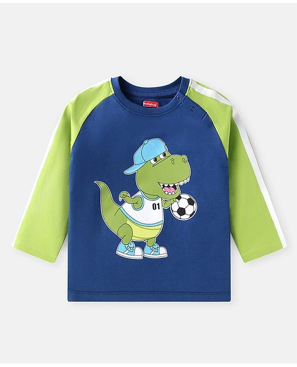 Babyhug Cotton Knit Full Raglan Sleeves T-Shirt with Dino Graphics - Navy Blue & Green