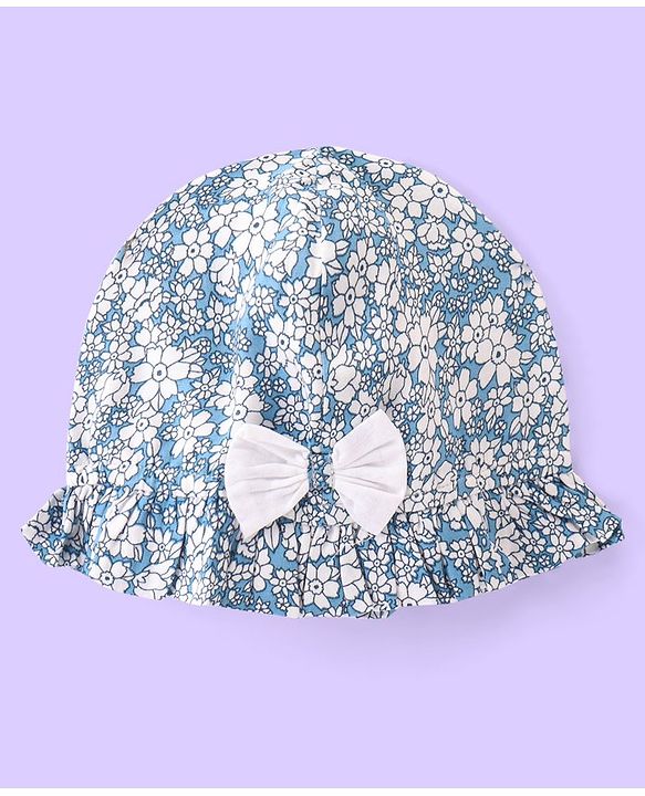 Babyhug Viscose Woven Sleeveless Frock With Bloomer & Cap With Floral Print & Lace Detailing -Blue